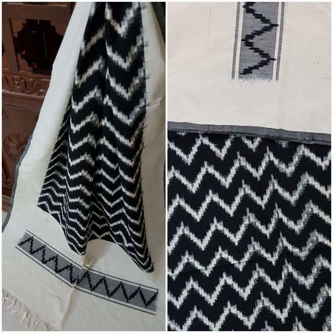 Black and white Pochampalli- Double ikat Handloom cotton duppata