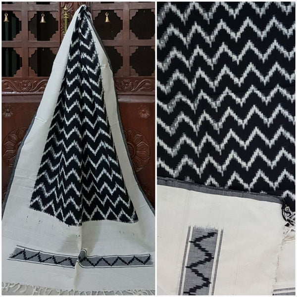 Black and white Pochampalli- Double ikat Handloom cotton duppata
