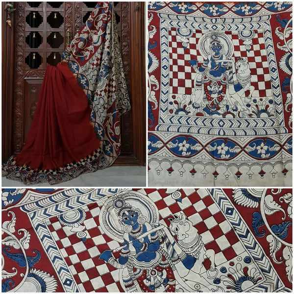 Maroon chennur silk kalamkari with sri Krishna and floral motif