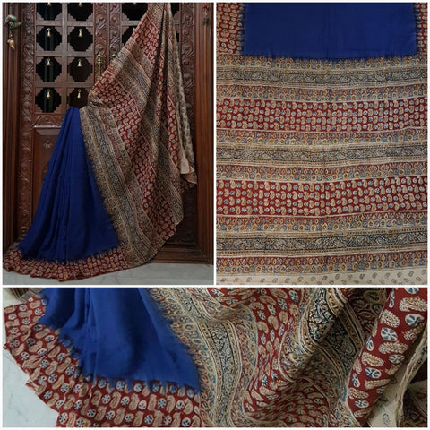 Royal blue Mul handloom cotton kalamkari with floral motif