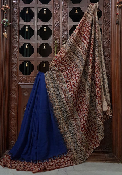 Royal blue Mul handloom cotton kalamkari with floral motif