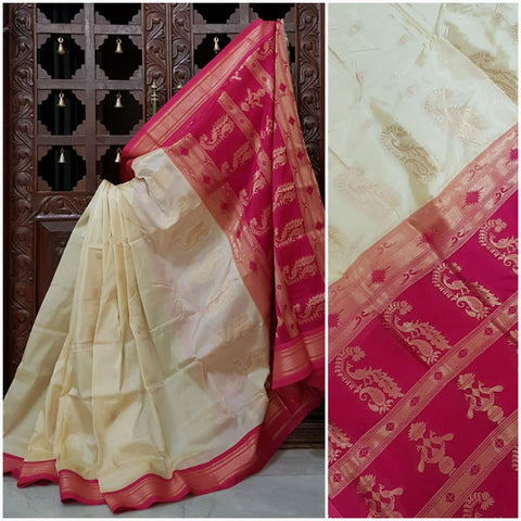 Off-White Paithani silk with Paisley motif and contrast pink pallu and border