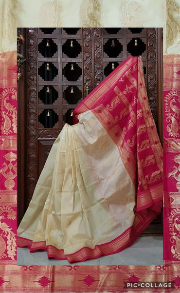 Off-White Paithani silk with Paisley motif and contrast pink pallu and border