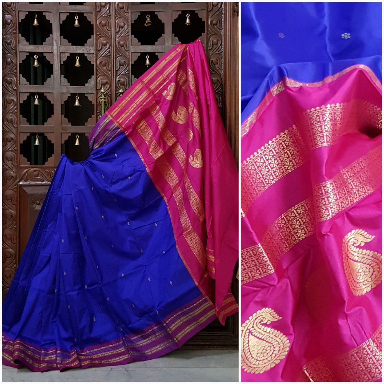 Handloom royal blue Narayanet with contrast pink pallu and border