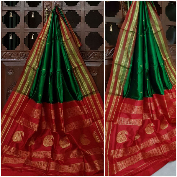 Handloom bottle green Narayanet with contrast maroon pallu and border
