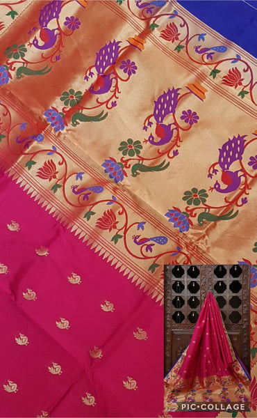 Pink paithani with traditional peacock motif and contrast blue pallu and border