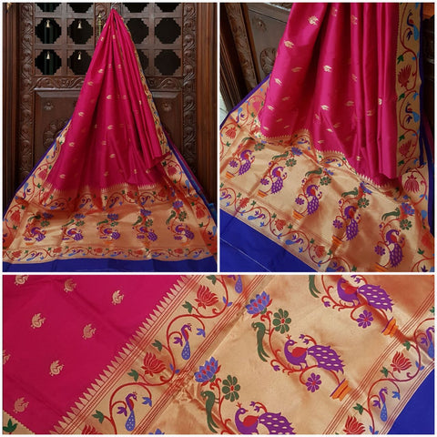 Pink paithani with traditional peacock motif and contrast blue pallu and border