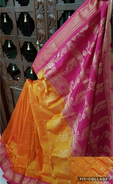 Mustard Paithani silk with Paisley motif and contrast pink pallu and border