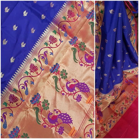 Royal blue paithani with traditional peacock motif and contrast pink pallu and border