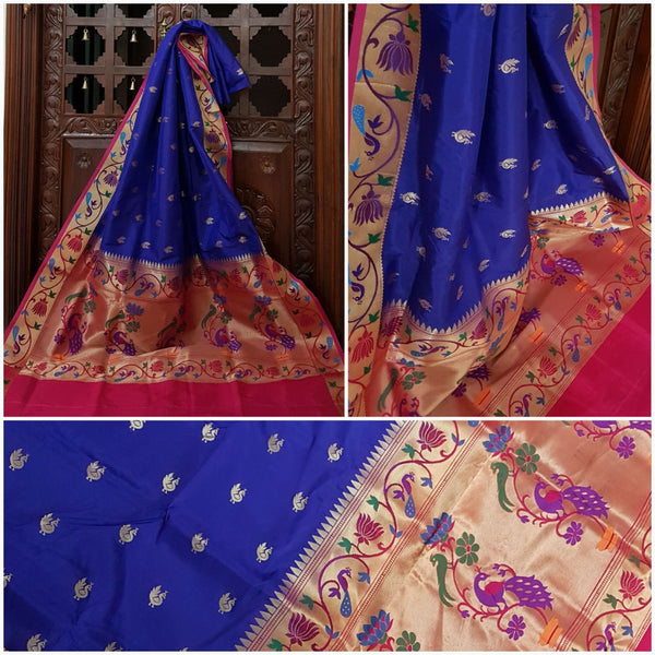 Royal blue paithani with traditional peacock motif and contrast pink pallu and border