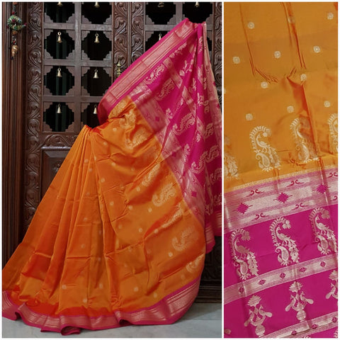 Mustard Paithani silk with Paisley motif and contrast pink pallu and border