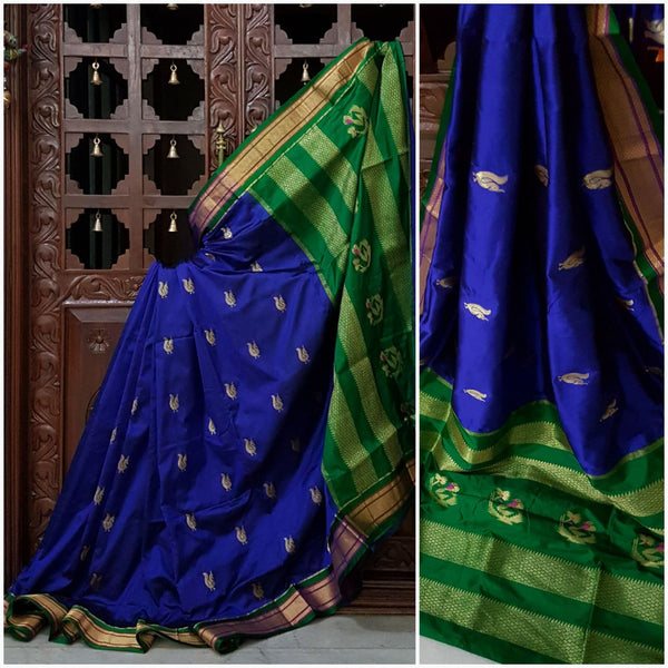 Handloom Royal Blue paithani with contrast green pallu and border!