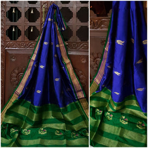Handloom Royal Blue paithani with contrast green pallu and border!