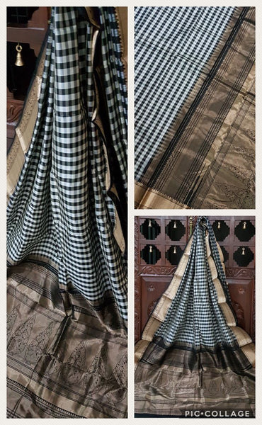 Black and white checks Handloom kanjivaram silk with Traditionally woven pallu and border.