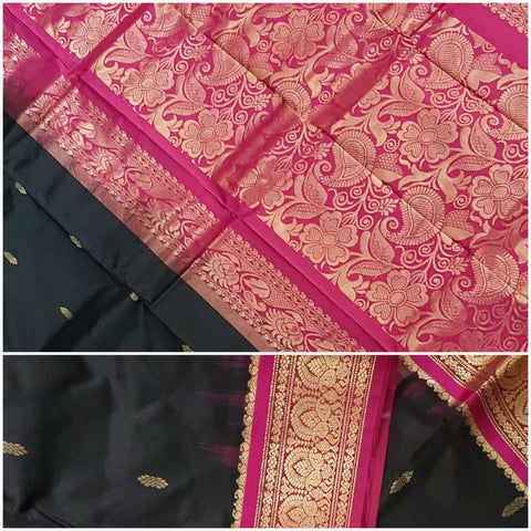 Black and pink handwoven kanjivaram with Traditionally woven floral pallu and border.saree is with floral booties all over body.