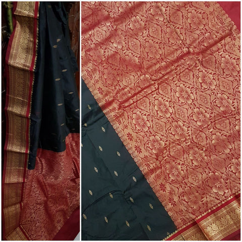 Black and Maroon handwoven kanjivaram with Traditionally woven floral pallu and border.saree is with floral booties all over body.