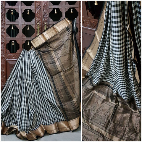 Black and white checks Handloom kanjivaram silk with Traditionally woven pallu and border.