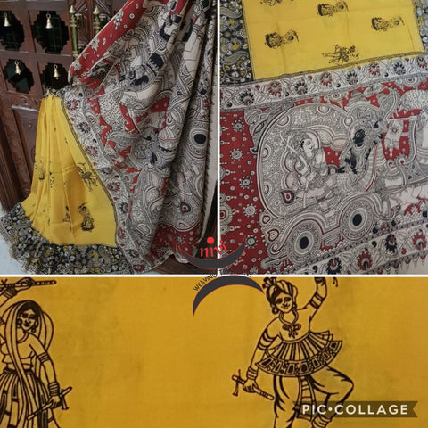 Yellow chennur silk kalamkari with intricate Krishna motif on pallu and dancing figure allover