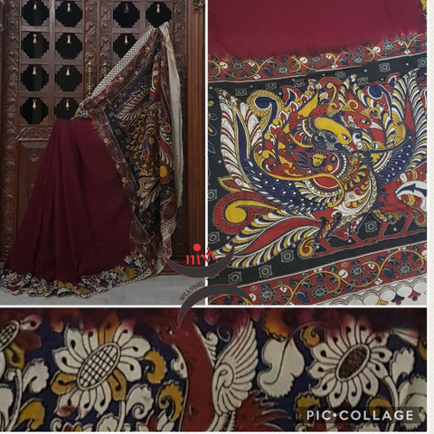 Maroon chennur silk kalamkari with intricate peacock motif on pallu and floral motif on border