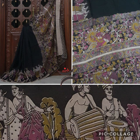 Black chennur silk kalamkari with intricate peacock motif on pallu and human figure on border.