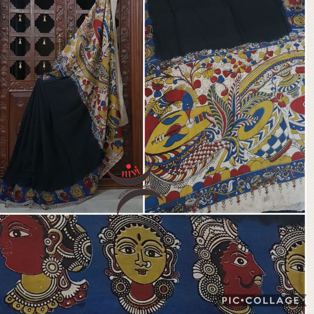 Black chennur silk kalamkari with intricate peacock motif on pallu and Kathakali faces on border.