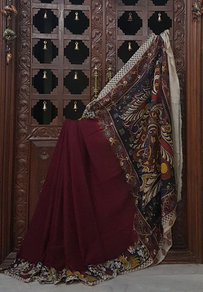 Maroon chennur silk kalamkari with intricate peacock motif on pallu and floral motif on border