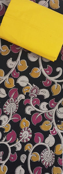 Black handwoven kalamkari top with floral motif all over combined with yellow handwoven mangalgiri duppata and bottom