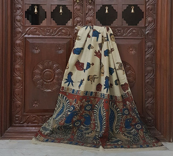 Handloom Cotton kalamkari with hand mudra motif