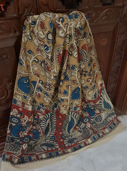 Handloom Mul cotton floral and peacock motif print kalamkari with mangalgiri Cotton top.