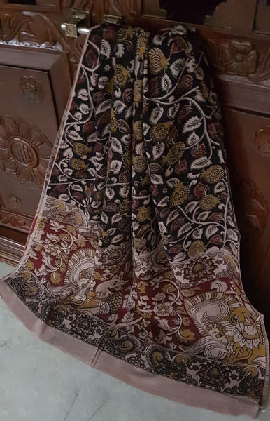 Handloom Mul cotton peacock and floral motif print kalamkari with mangalgiri Cotton top.