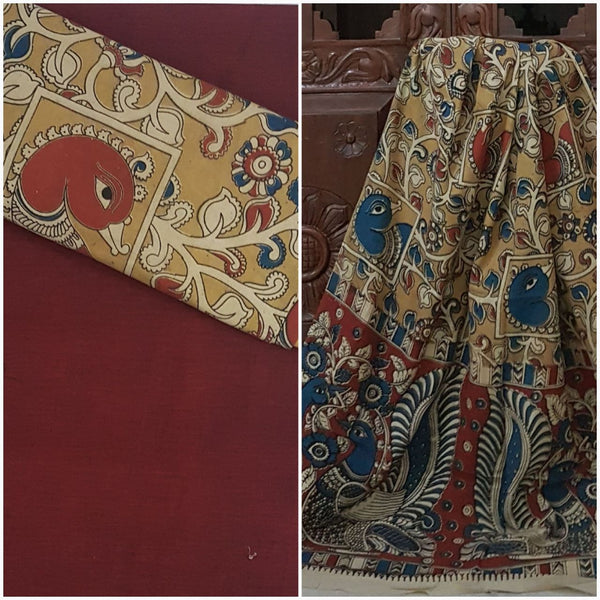Handloom Mul cotton floral and peacock motif print kalamkari with mangalgiri Cotton top.