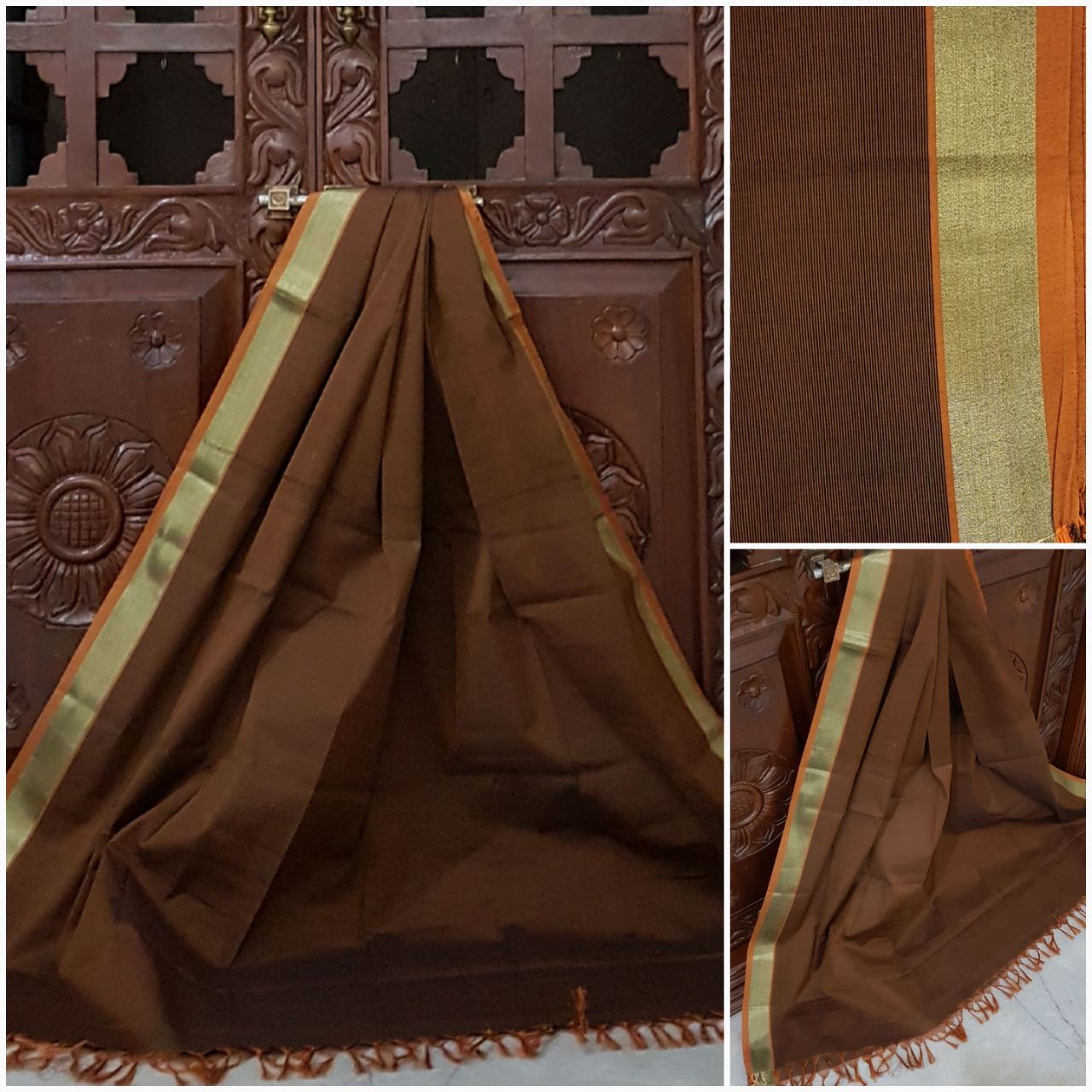 Rust Brown south kota cotton  dupatta with mustard zari border