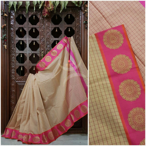 Beige benaras woven checks silk cotton with antique gold zari brocade on border