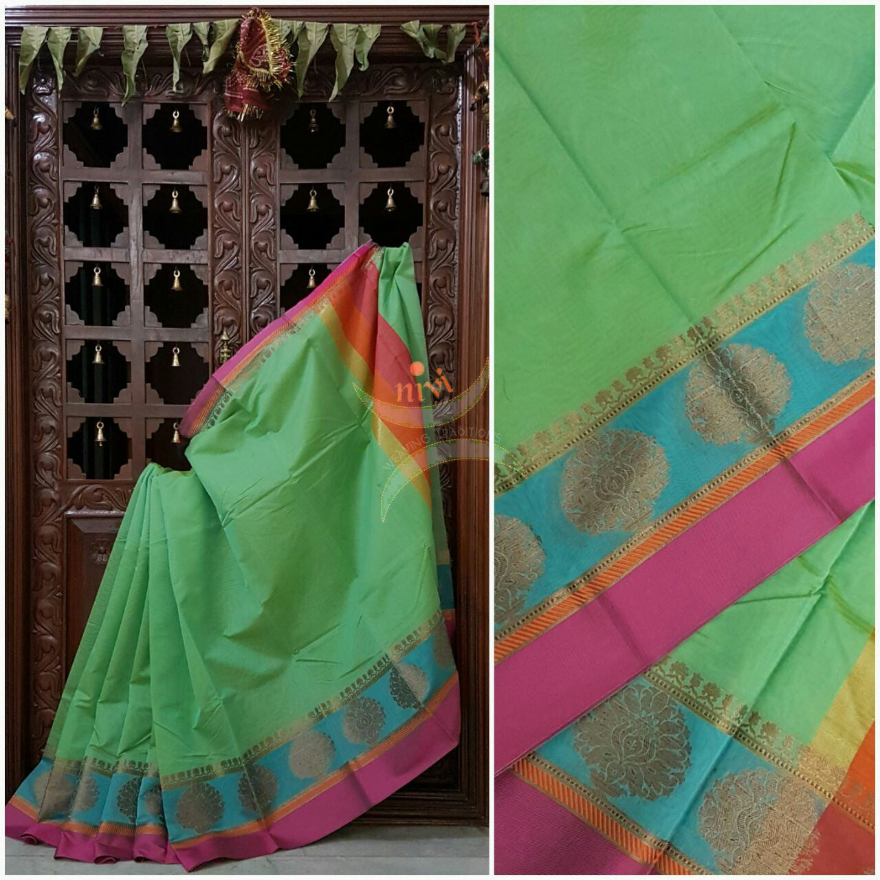Green benaras cotton mercerised saree with satin finish contrasting pallu and border and antique gold zari woven on border