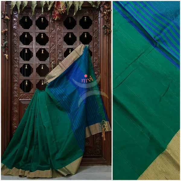 Bottle green art silk dupion with contrasting royal blue pallu and blouse piece