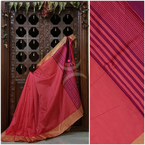 Peach art silk dupion with contrasting purple pallu and blouse piece