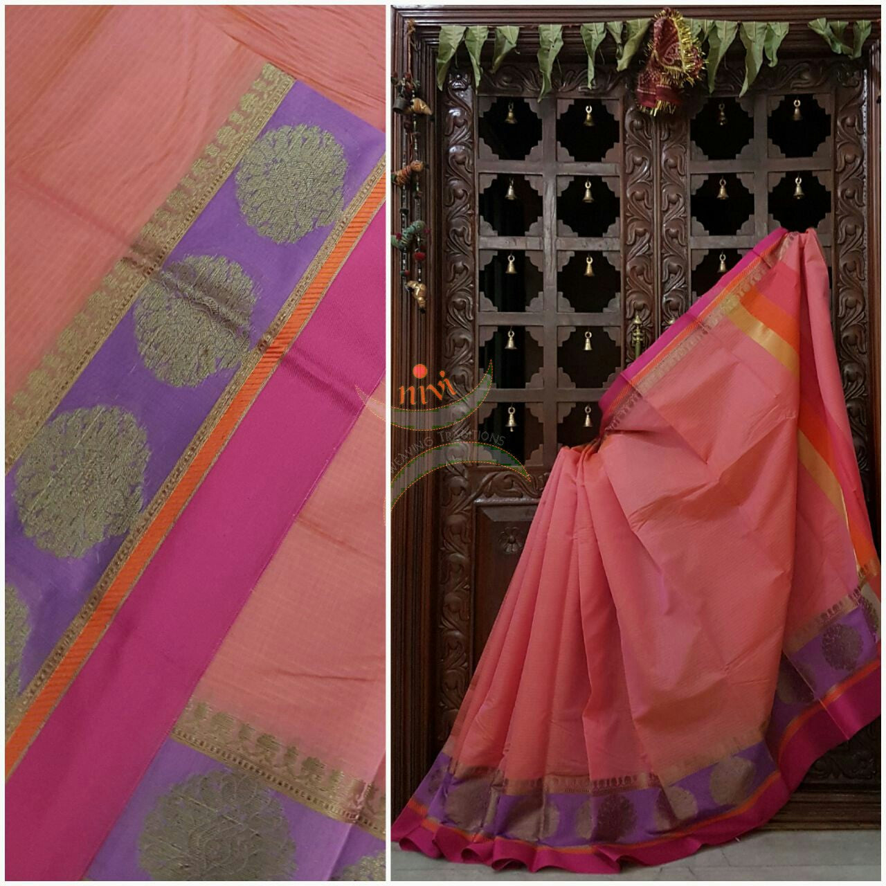 Peach benaras cotton mercerised saree with satin finish contrasting pallu and border and antique gold zari woven on border