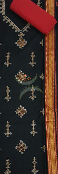 Black kasuti embroidered mangalgiri cotton top with zari border and plain contrasting red mangalgiri cotton salwar and dupatta