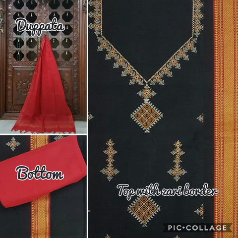 Black kasuti embroidered mangalgiri cotton top with zari border and plain contrasting red mangalgiri cotton salwar and dupatta