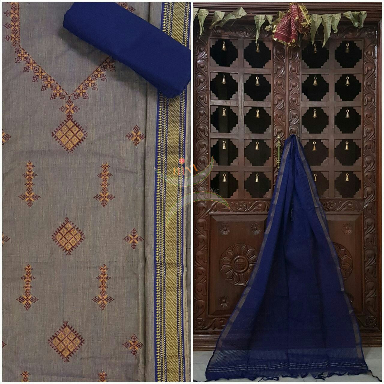 Grey kasuti embroidered mangalgiri cotton top with zari border and plain contrasting blue mangalgiri cotton salwar and dupatta