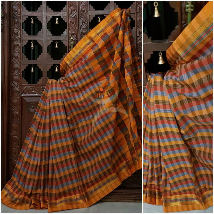 South cotton checks with striped pallu. Saree comes with running blouse piece.