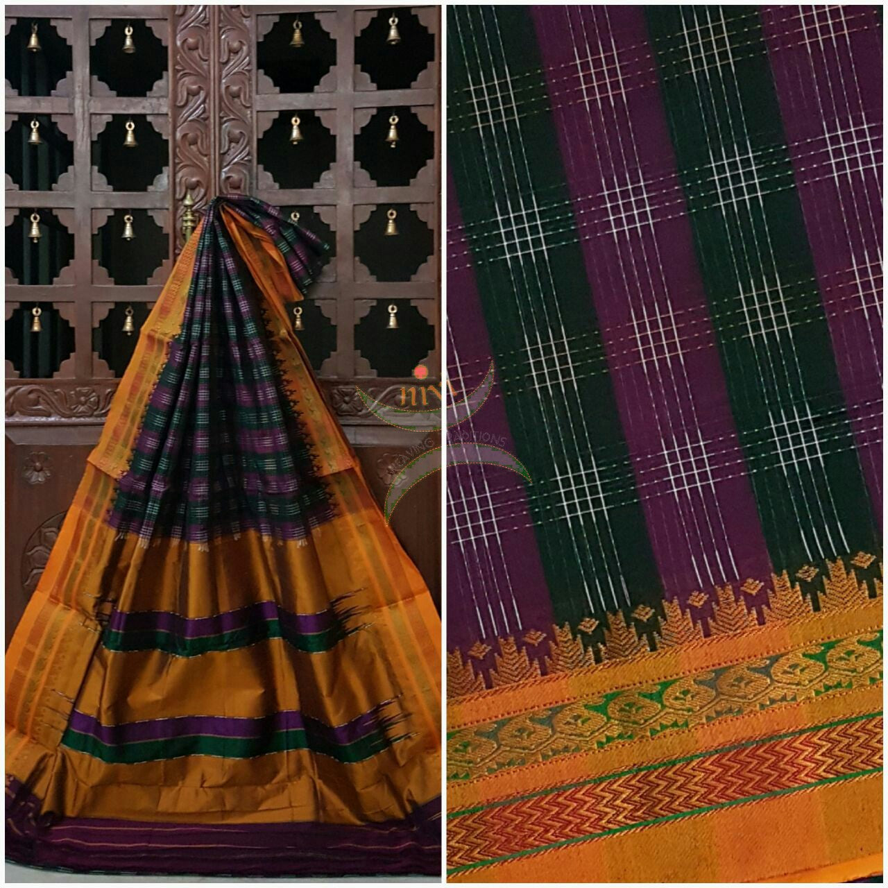 Handwoven silk cotton ilkal with ikat effect checks