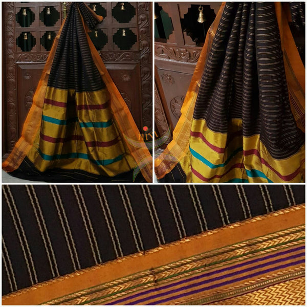 Black handwoven silk cotton striped ilkal