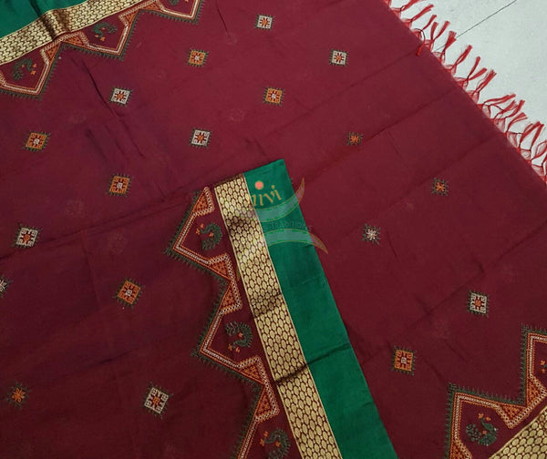 Maroon with green kota cotton kasuti embroidered dupatta with traditional peacock motif