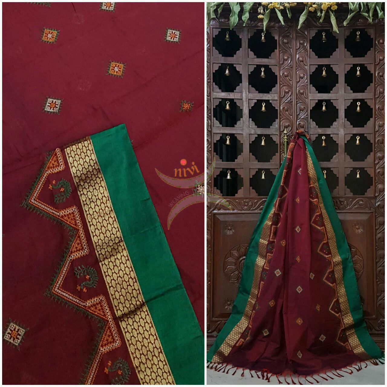 Maroon with green kota cotton kasuti embroidered dupatta with traditional peacock motif