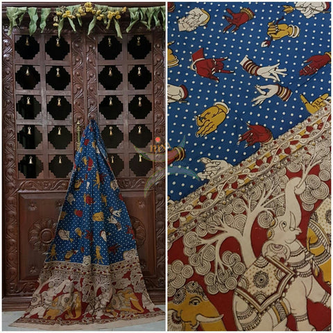 Blue Handloom cotton kalamkari duppata with hand mudra and elephant motif