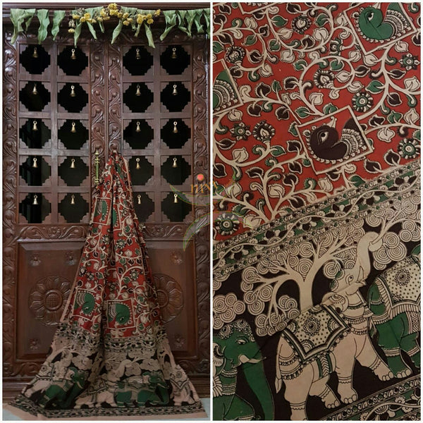 Red Handloom cotton kalamkari duppata with floral peacock and elephant motif