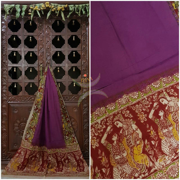 Purple Handloom Mul cotton kalamkari duppata with Radha Krishna and parrot motif