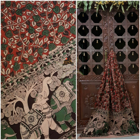 Red Handloom cotton kalamkari duppata with floral and elephant motif