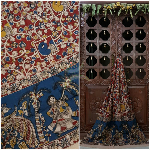 Red Handloom cotton kalamkari duppata with floral peacock and village motif